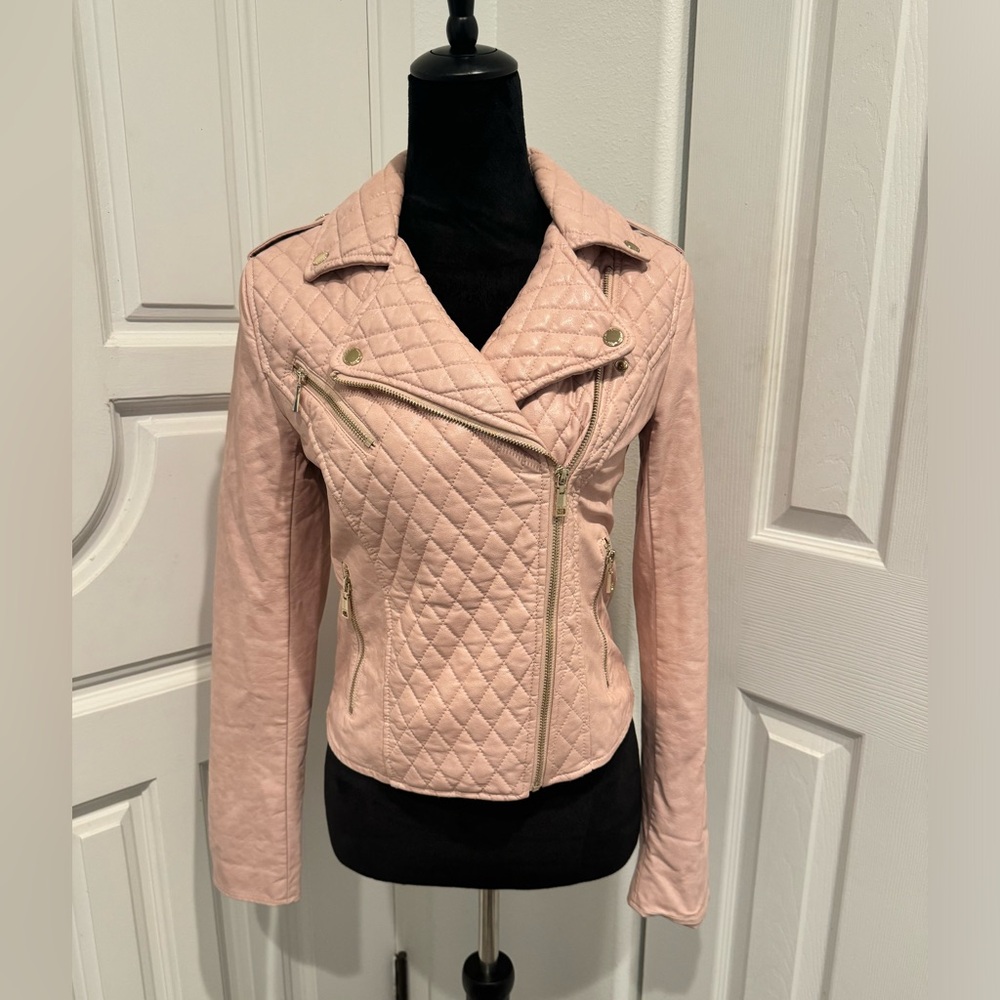 Tommy Hilfiger Women's Metallic Motorcycle Jacket Quilted Medium Weight XS Pink